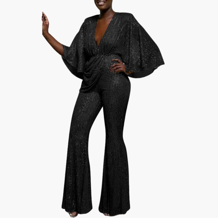Women’s V - Neck Sequined Wide Leg Jumpsuit