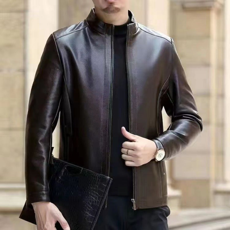 Men's faux leather jacket with stand collar