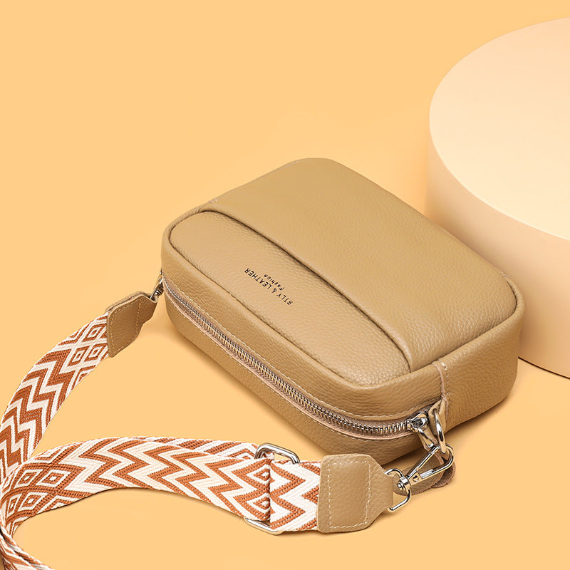 Leather camera crossbody bag with wide strap