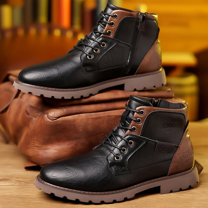 Men's Lace-Up Ankle Boots with Side Zip and Rugged Sole