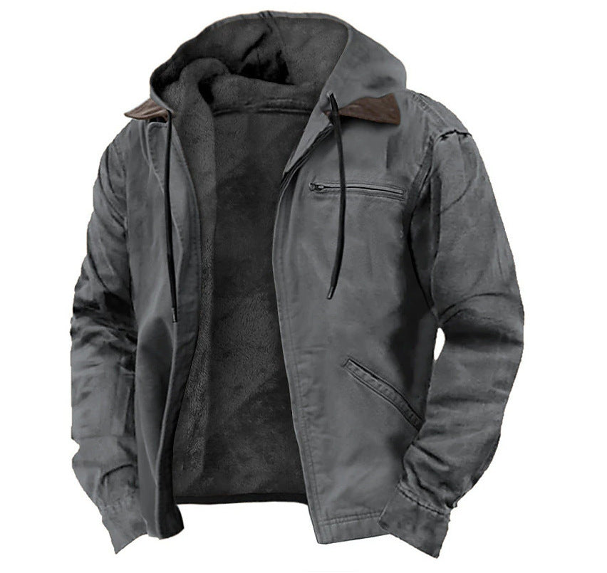 Man wearing a fleece-lined hooded zip jacket