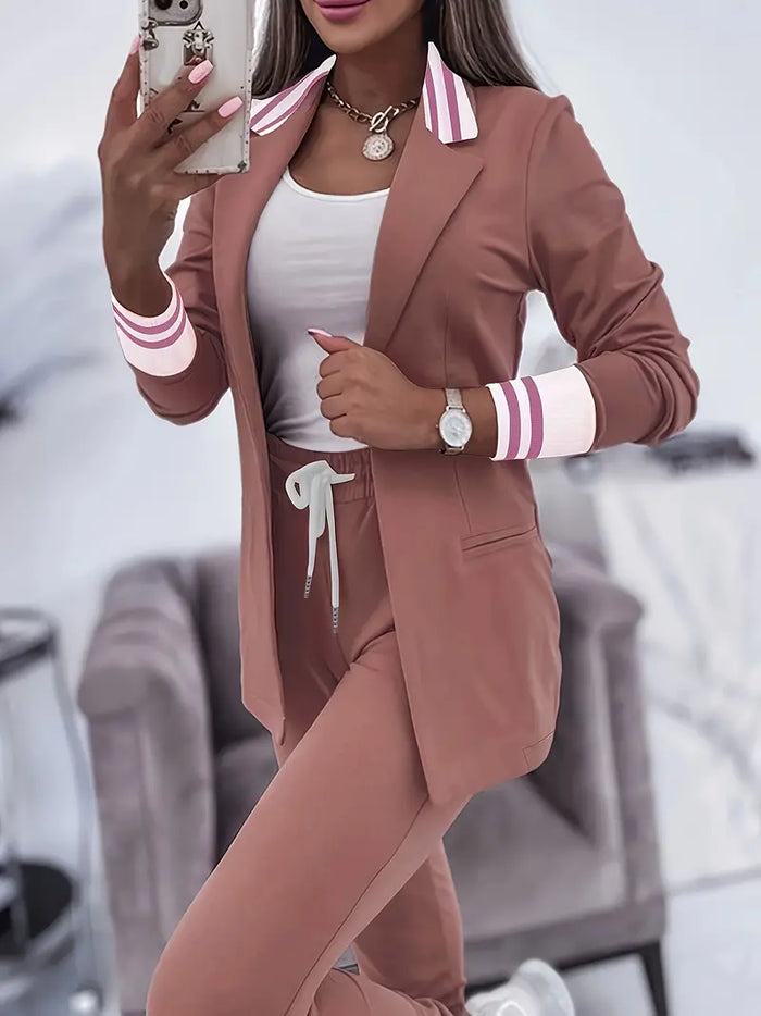 Women's Striped Blazer and Pants Set Tie-Front Casual