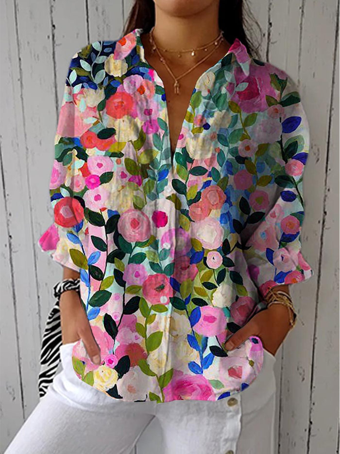 Women's Floral V-Neck Blouse with Bell Sleeves