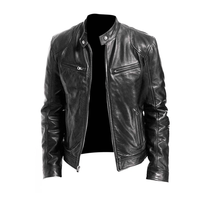 Men's Leather Moto Jacket with Zip Pockets