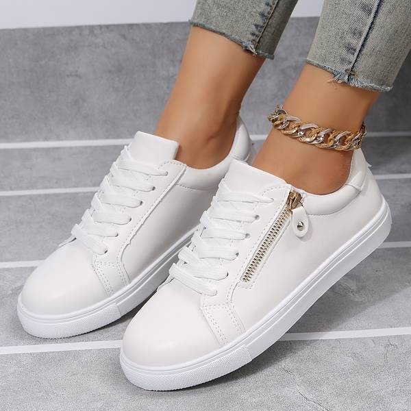 Women's White Lace-Up Sneakers with Side Zip Detail