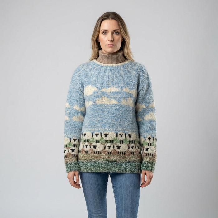 Women's Sheep Pullover Sweater with Round Neck