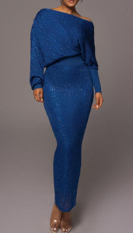 Women's Sequin Off-Shoulder Maxi Dress Long Sleeve