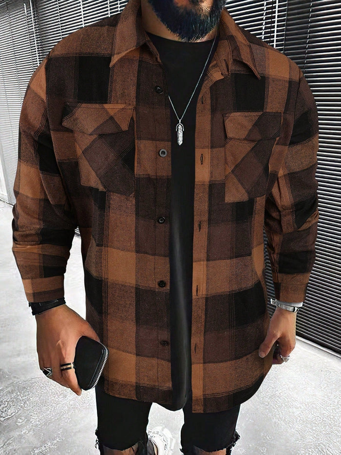 Men's Plaid Flannel Shirt Jacket with Chest Pockets