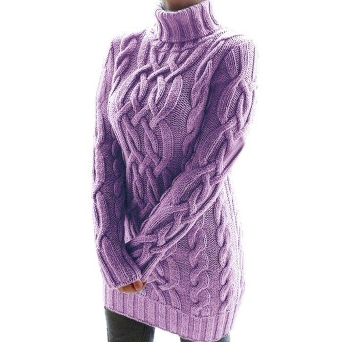Women's Cable-Knit Turtleneck Sweater Dress Long Sleeve