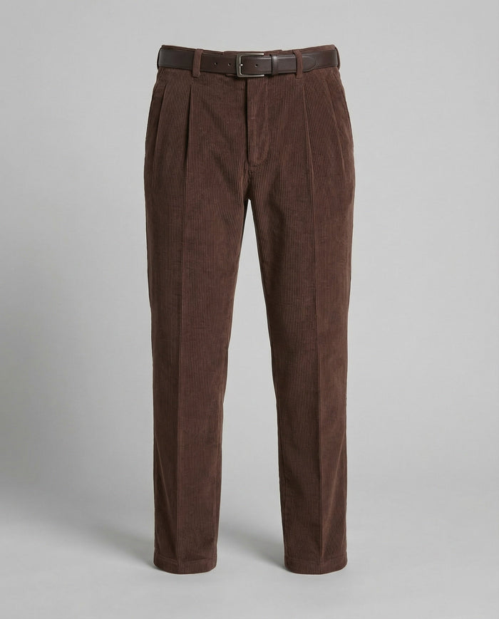 Men's Corduroy Pleated Trousers Tapered Leg Belted