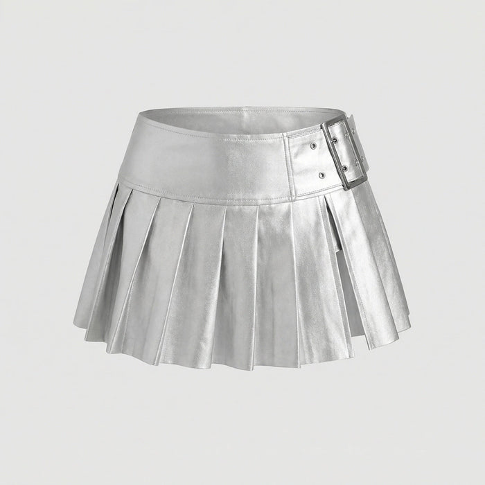 Women's Metallic Pleated Mini Skirt with Belt Detail