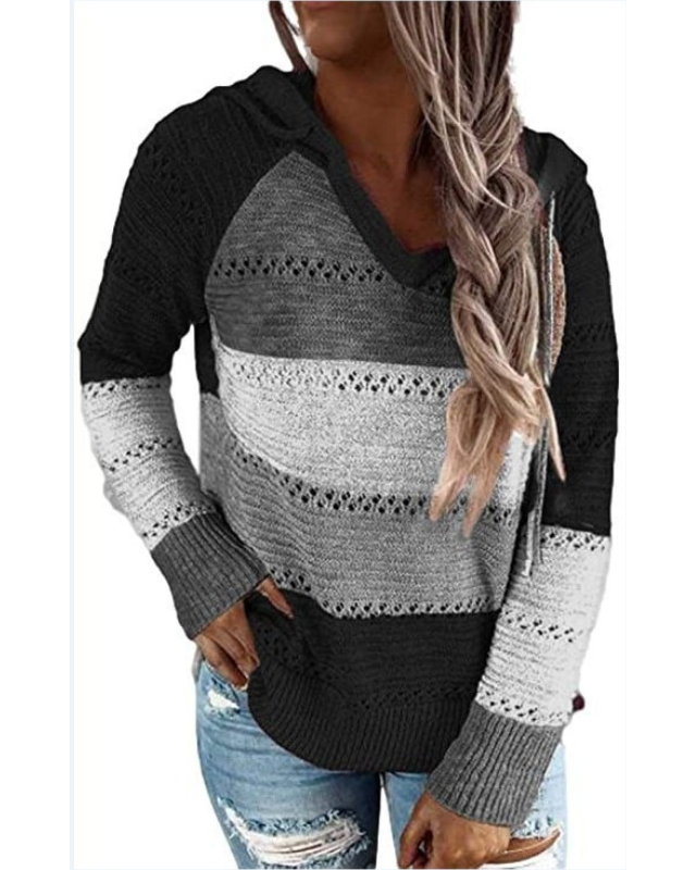 Women's Colorblock Hooded Sweater with Open-Knit Stripes