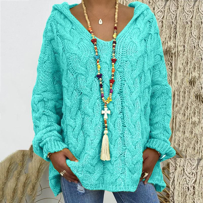 Women's V-Neck Cable Knit Sweater with Long Sleeves