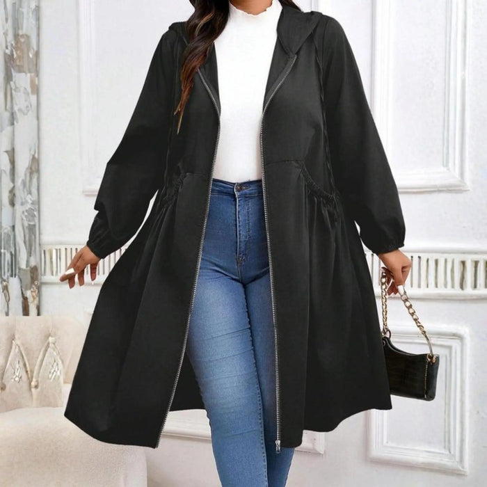 Women's Hooded Zip-Front Longline Coat with Collar