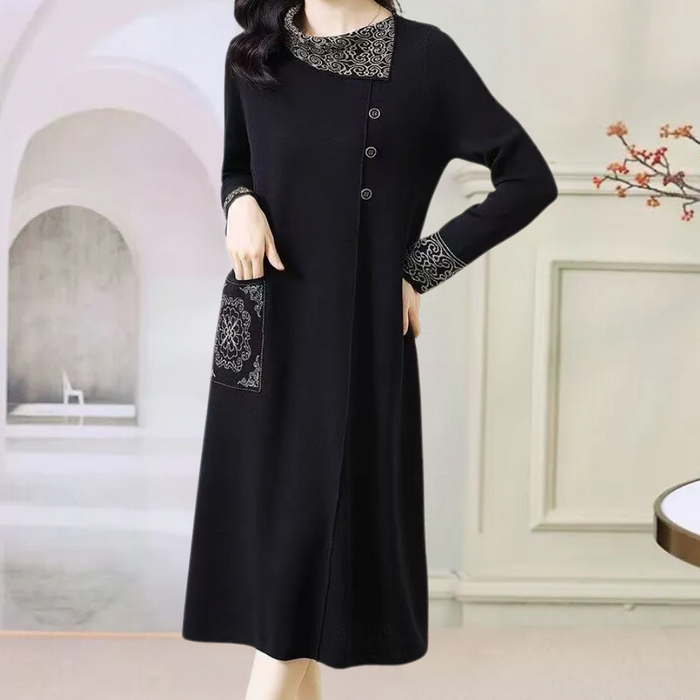 Women's Button-Front Midi Dress with Embroidered Trim
