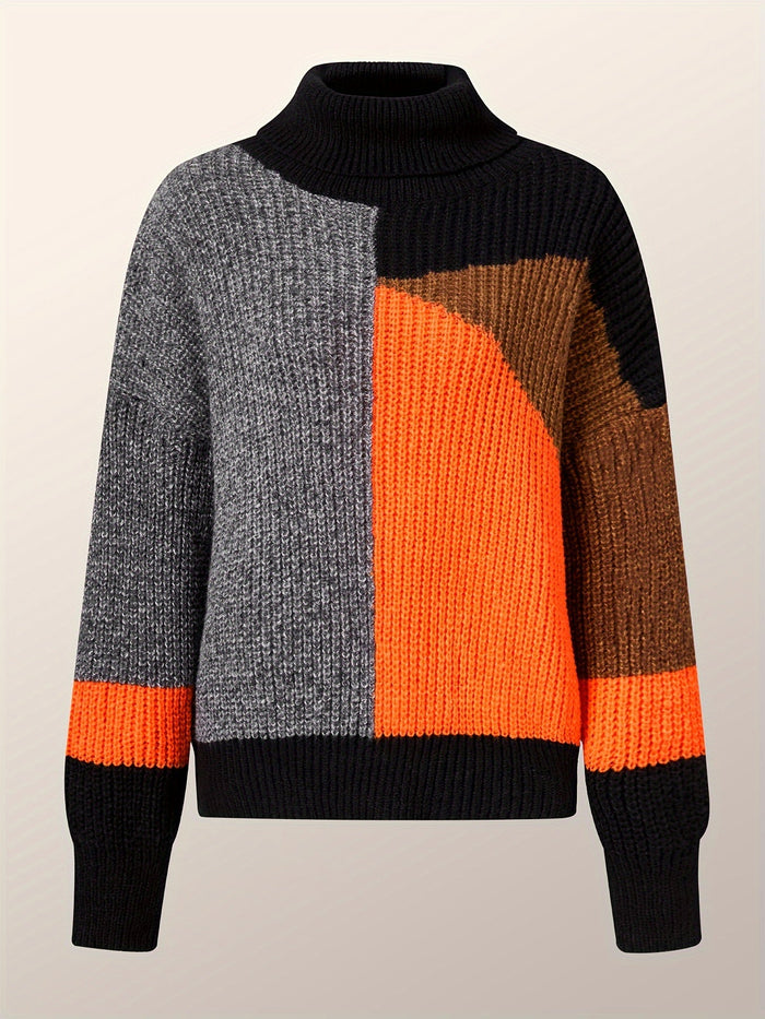 Women's Color Block Turtleneck Sweater Relaxed Fit